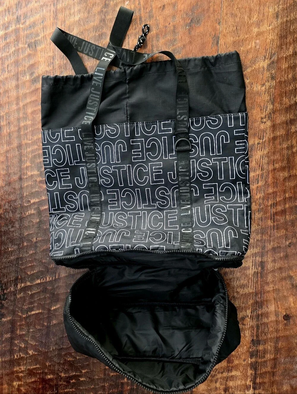Justice Black Logo Drawstring  Tote Bag